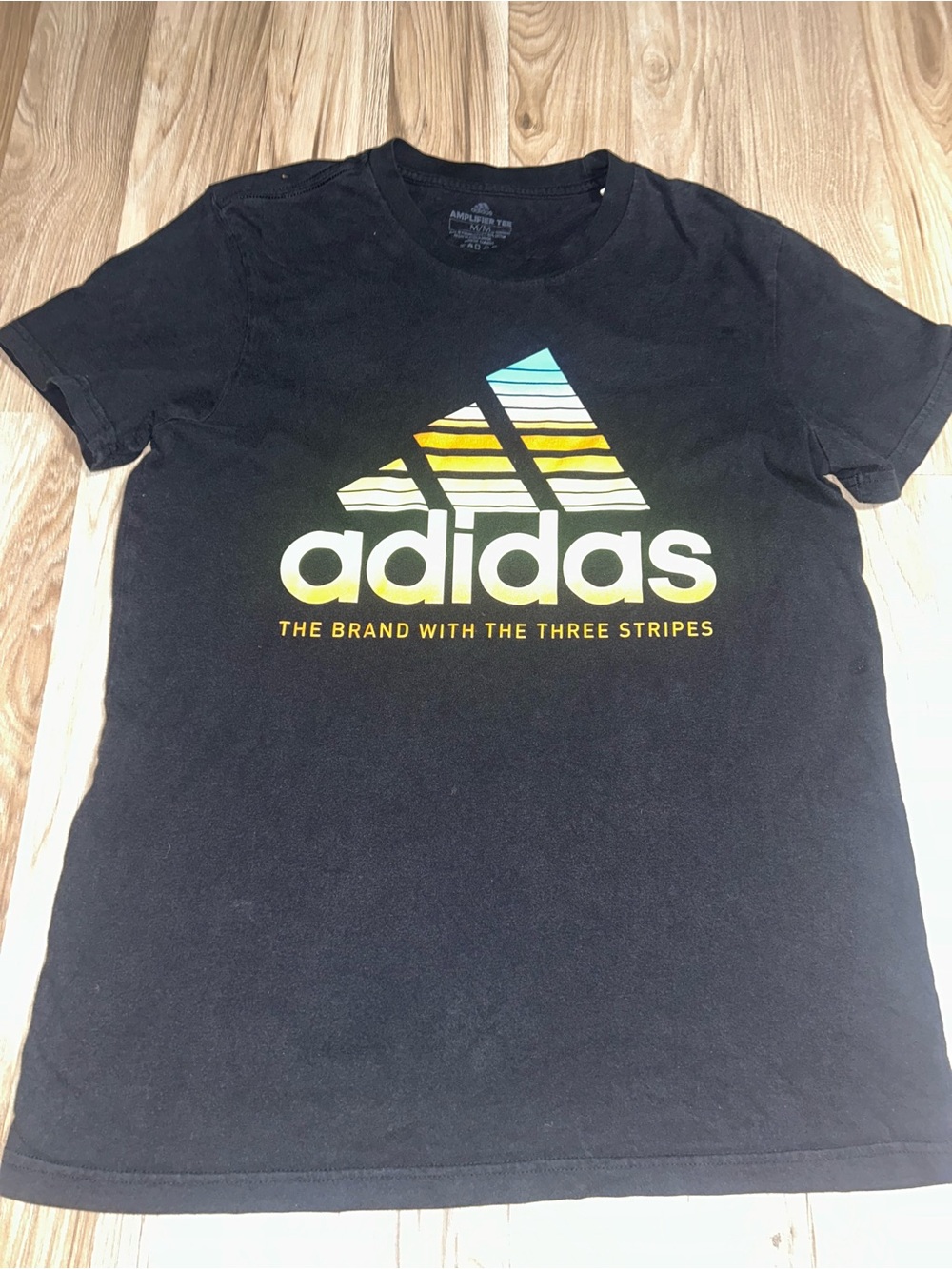 adidas Black Tee with Multicolor Striped Trefoil Logo